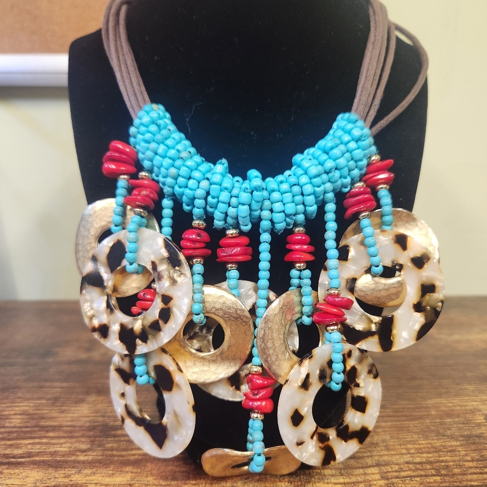 Turqoise and Coral Beaded Tortoishell Resin Statement Necklace